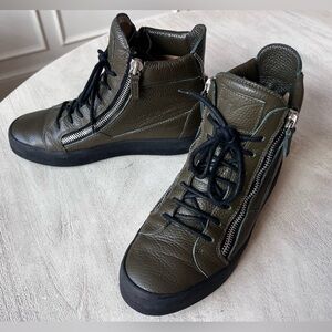 Giuseppe Zanotti Olive Green Leather Double Zip High-Top Sneakers Size 42